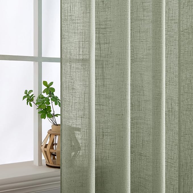 MIULEE Sage Linen Curtains 52x63 Inch Long 2 Panels of Green Window Drapes | Bedroom Living Room,Soft Thick Linen Textured Kitchen,Semi Sheer Light Filtering, Back Tab Rod Pocket, Burlap Look Decor