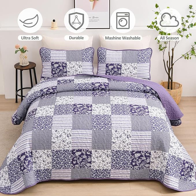 Mybedsoul Boho Quilt King Size, Patchwork Floral Bedding Set, Purple | Soft Lightweight Microfiber Coverlet Set, 3 Pieces Plaid Reversible Bedspread, Bed Sets for All Seasons 90"x110"