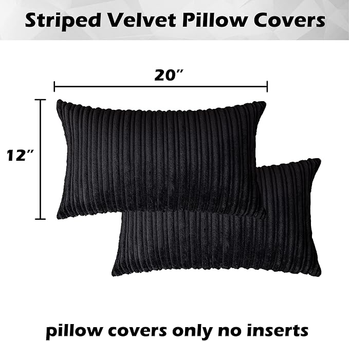 Kevin Textile Striped Corduroy 12”x20” Pillow Covers 2 Pack, Black