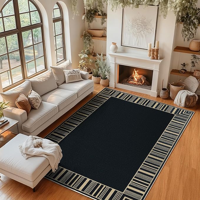 COZYLOOM 8x10 Easy Jute Outdoor Patio Rug Washable Living Room Rug with Rubber Backing, Stain Resistant Neutral Striped Border Rugs Non Shedding Foldable Mats for Bedroom, Dining Room, Backyard, Black