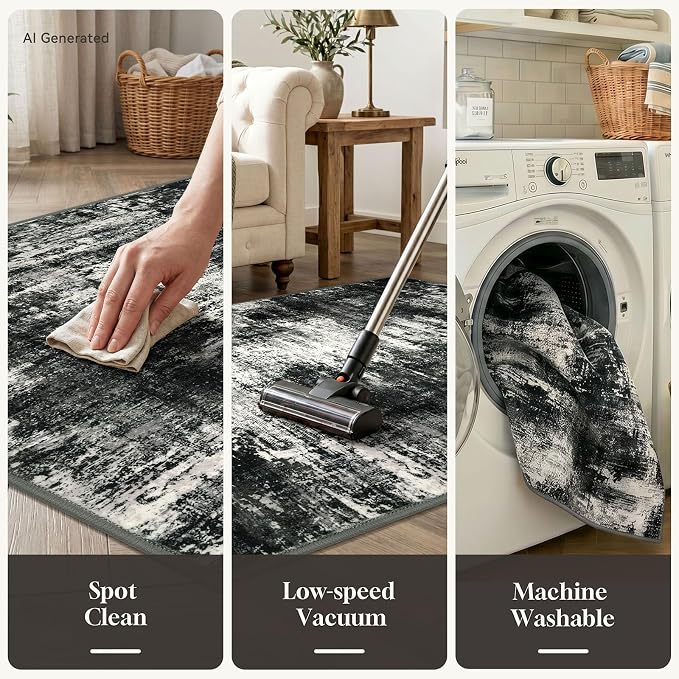 Lansny Abstract Washable 2x7 Runner Rug Runners for Hallways Non Slip | Charcoal Black;Thin Printed Faux Wool Entryway Runner Indoor;Hallway Runner Rug;7ft Floor Carpet Runners;Bedroom Runners