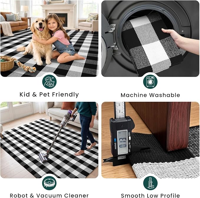 KOZYFLY Buffalo Plaid Area Rug 4 x 6 Ft Black and White Checkered Rug Washable Outdoor Rugs Cotton Rugs for Bedroom Front Door Mat Carpet for Front Porch Living Room Dining Room Kitchen | Washable Outdoor Rugs, Cotton Front Porch Rug, Woven Front Door ...
