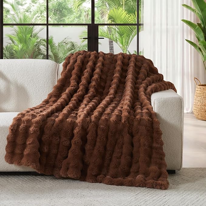 Lotus Karen Faux Fur Throw Blanket Dark Coffee - Big Bubble Rabbit Fluff Blanket for Couch Bed Sofa,Softest Fluffy Fuzzy Cozy Blanket,Thick Furry Plush Shaggy Warm Blankets for Women,60x80 Inches