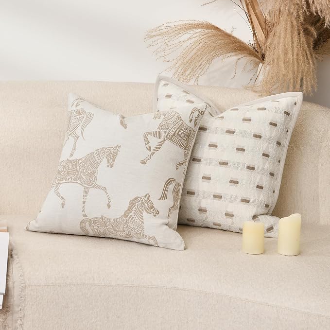 Equestrian Style Throw Pillow Cushion Cover 22x22 inch, Double Sided Beige Horse Pattern Chenille Jacquard Embroidered Pillow Covers for Sofa Couch Bed Living Room Bedroom