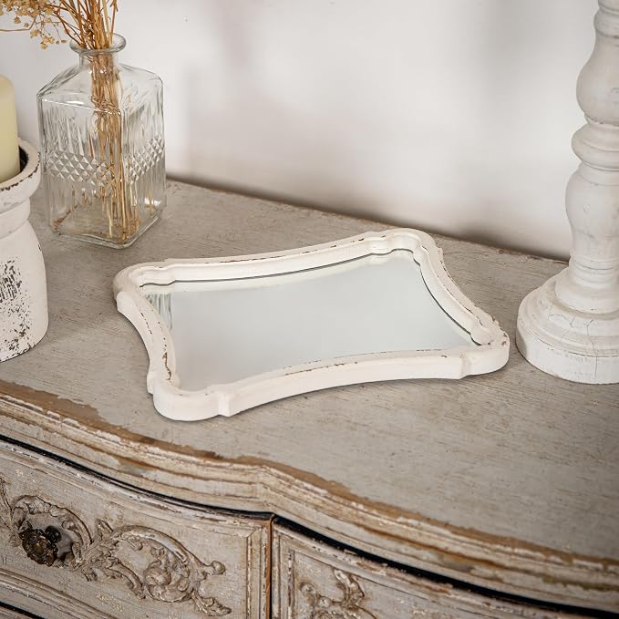 Rustic Wood Framed Small Wall Mirror Decor 12 x 9 inches | Handmade Distressed White Vintage Decorative Mirror, Hanging Ornate Accent Sculpted Farmhouse Mirrors for Bathroom