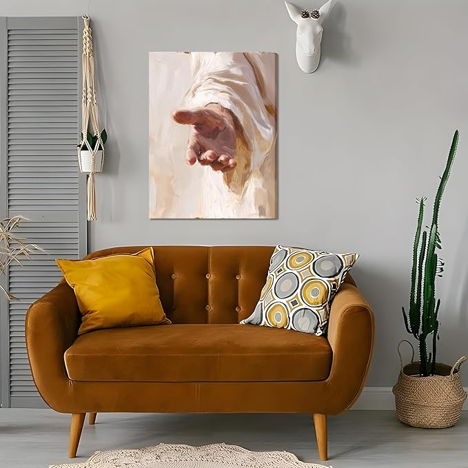Framed Jesus Canvas Wall Art, Christian The Hand of God Wall Decor Painting, Religion Bible Pictures Posters Prints for Church Prayer Room Living Room Home Decor 24x36 In