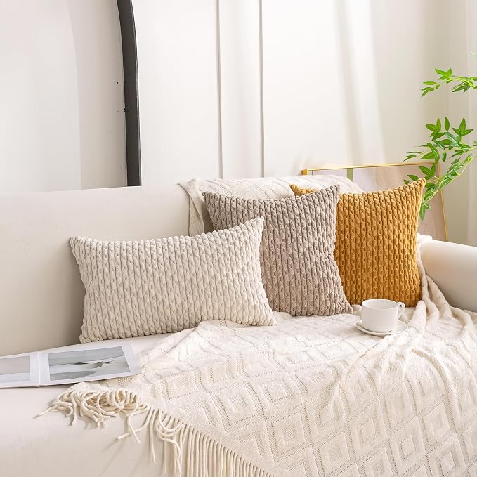 Set of 4 Beige Brown Coffee Decorative Throw Pillow Covers 18x18 Inch Corduroy Pillow Covers for Bed Couch Sofa Living Room Soft Square Cushion Cases
