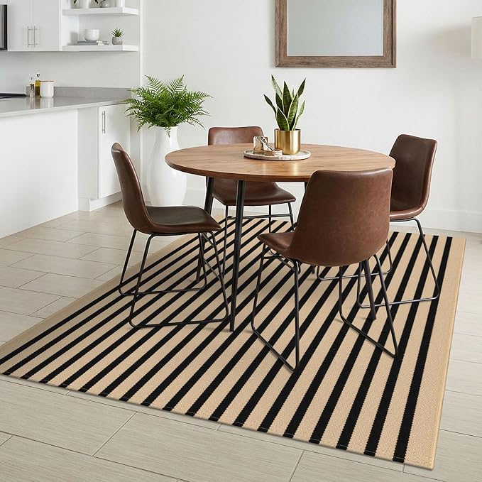 KILOCOCO Striped Rug 4x6 ft Washable Front Door Outdoor Rug, Brown Black | Cotton Front Porch Rug, Woven Living Room Rug, Low Pile Welcome Mat for Entryway, Layered Farmhouse Kitchen Patio Carpet