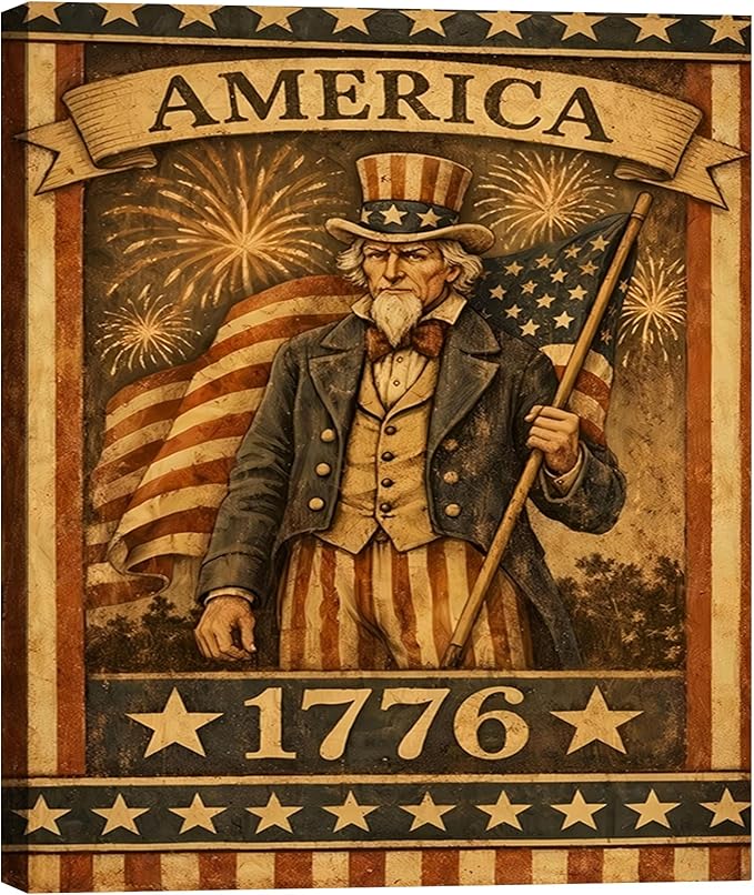 Made in USA Vintage Patriotic Uncle Sam 1776 Wall Art, American Flag Canvas Prints, 4th of July Independence Day Decor for Living Room, Bedroom, Kitchen & Holiday, Framed