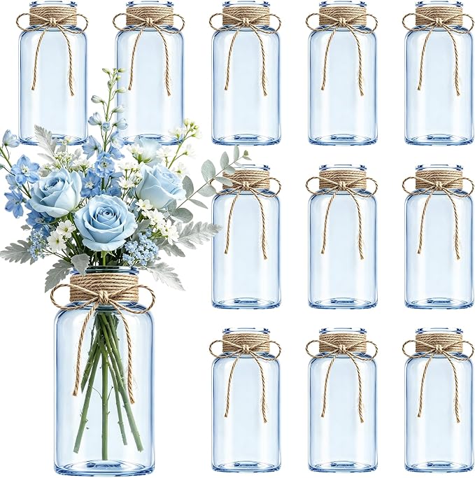 Mason Jar Glass Vases 12 Pack, Blue Flower Vase for Centerpieces | Rustic Farmhouse Home Decor, Bud Vase with Twine, Wedding Table Decoration, Boho Floral Arrangement, Vintage Jars Bulk