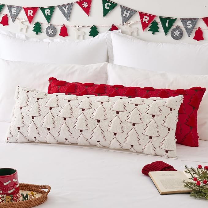 Kevin Textile Christmas Tree 14x36 Inch Long Lumbar 1 Pack Luxury Embroidery Soft Plush Faux Fur Rectangle Cushion Case for Couch Sofa Holiday Festivals Winter Xmas Gift, Cream White & Red