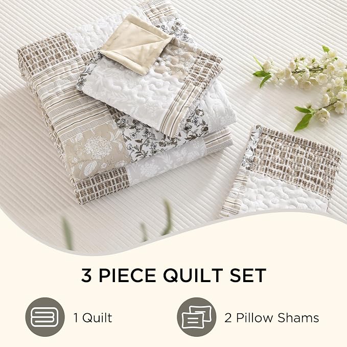 Litanika Floral Beige Quilt Queen - 3Pcs Botanical Birds Bedding Set | Patchwork Bedspread Summer Lightweight Soft Coverlet for All Seasons (96"x90")