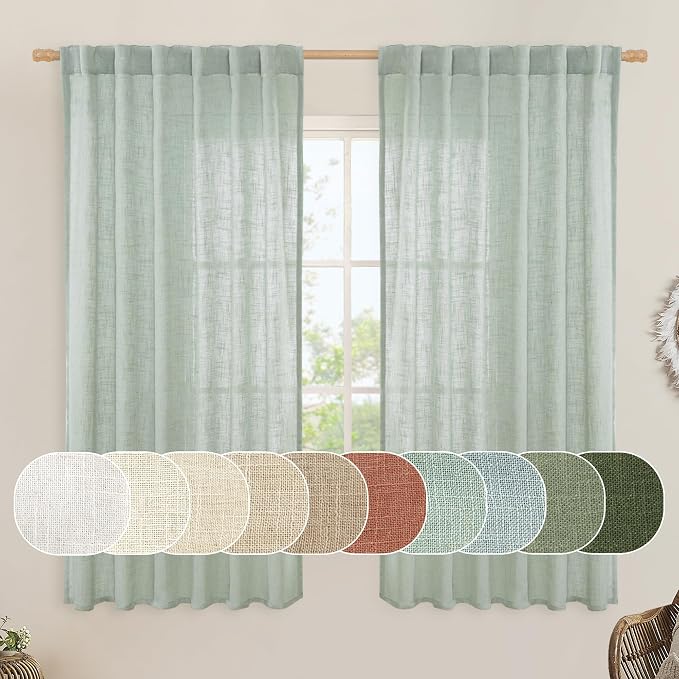 Faux Linen Curtains 63 inches Long for Bedroom, Semi Sheer Panels | Light Filtering, Small Window Panels, Curtains for Living Room, Rod Pocket Back Tab, 2 Panels, 52 x 63 Inch, Light Sage