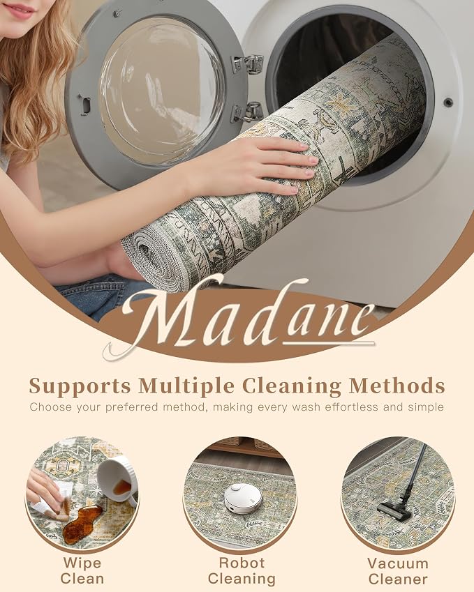 Madane Washable Runner Rug 2x6 Runners for Hallways Non Slip, Green/Gold | Vintage Stain-Resistant 6 Feet Kitchen Rug, Soft Low-Pile Ultra-Thin Floor Carpet Mat for Bathroom Laundry Room Bedroom 2x6ft