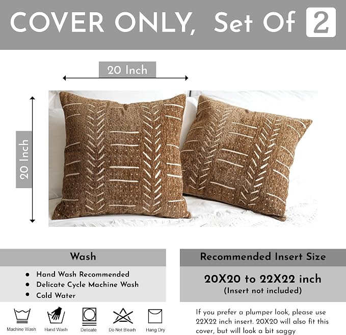 BlissBlush Decorative Throw Pillow Covers 20X20 Set of 2, Brown Boho Farmhouse Cushion Cover, Cozy Soft Accent Pillowcase for Couch Sofa Bed Living Room Home Décor