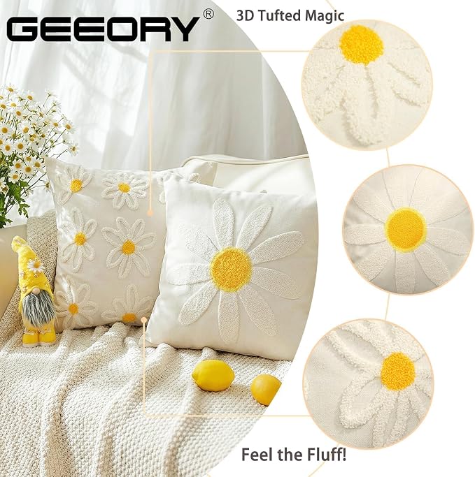 GEEORY 2-Pack 18x18 Inch Spring Summer Daisy Embroidered Canvas Throw Pillow Covers, Farmhouse Cotton Cushion Cases for Sofa Bed Living Room Home Decor