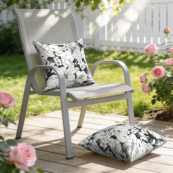 Outdoor Throw Pillow Covers 18x18 Inch, Decorative Pillow Covers for Patio Furniture, Tropical Blossom Noir Modern Cushion Cases for Garden Couch Home Sofa, Pack of 2
