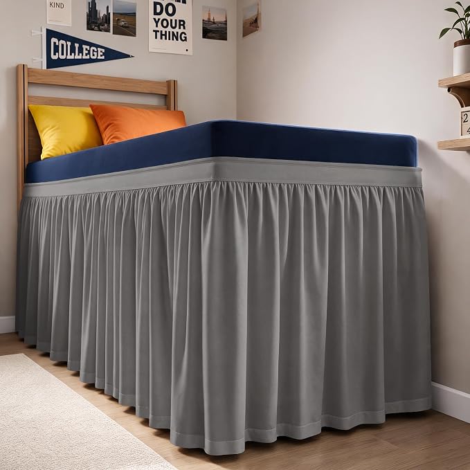 Dorm Room Bed Skirt Full XL - College Dorm Essentials - Dark Grey, 30 Inch | Extra Long Dust Ruffled College Bedskirt with Split Corners, Easy Fit Elastic Strap, Adjustable, Fade & Wrinkle Free