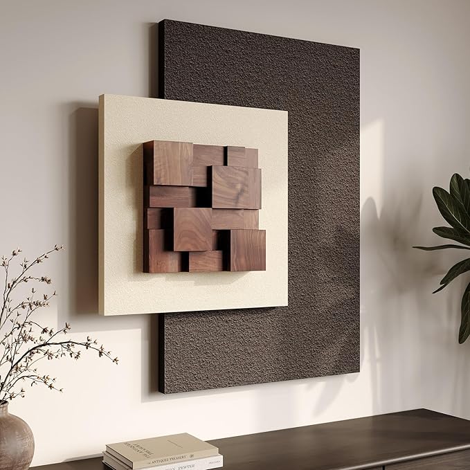 Large Wood Abstract Wall Art for Living Room, Modern 3D Artwork for Walls | Textured paintings, Big woodern layered sculpture, Neutral beige brown tone, Bedroom dining room office wall decor aesthetic