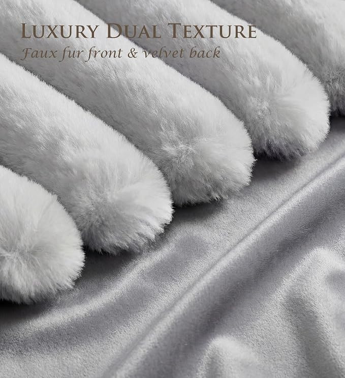 Pack of 2 Throw Pillow Covers 18x18 Decorative Solid Plush Faux Fur with Soft Velvet Back, Square Striped Cushion Cases Modern Farmhouse Home Decor for Living Room Couch Sofa Bed Neutral Gray