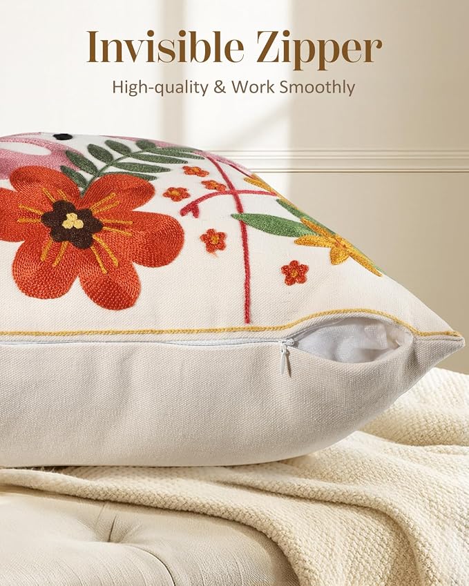 Animal Embroidered Throw Pillow Cover 18x18 Inch, Flamingos Floral | Decorative Pillow Cover, Boho Floral Cushion Cases with Hidden Zipper, Cottagecore Decor for Couch, Sofa, Living Room