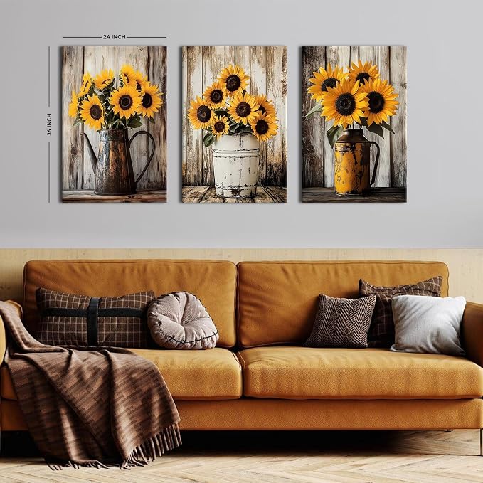 Yellow Sunflower Canvas Wall Art Sun Flower Pictures for Living Room Natural Botanic Flower Prints Canvas Artwork Retro Floral Paintings Wall Decor for Bathroom Bedroom Home Decorations 24x36"3Pcs