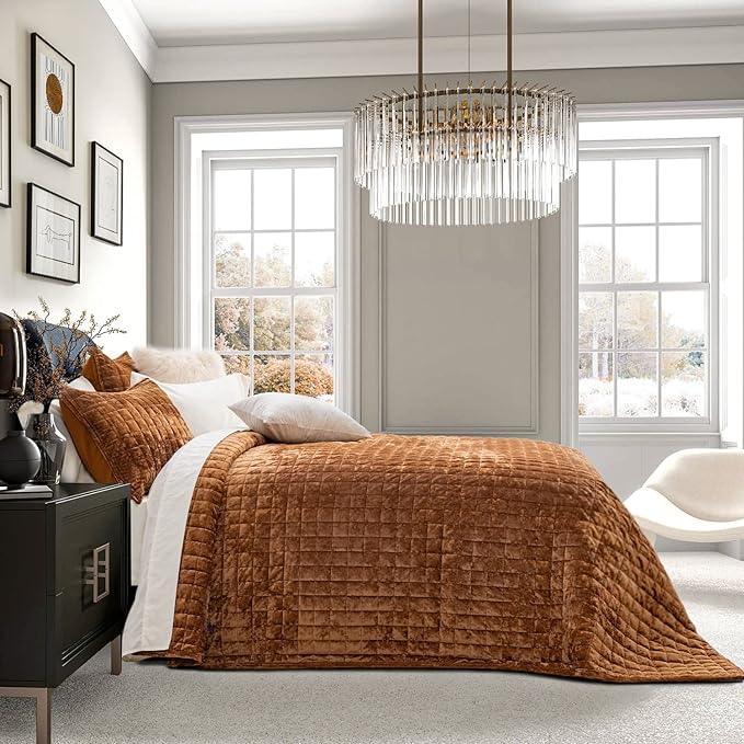 RECYCO Channel Box Stitch Velvet Quilt Set, King Size, Rusty Burnt Orange | Ultra Soft Lightweight Velvet Comforter, Luxury Oversized Bedspread Coverlet, Quilted Bedding Set for All Season with 2 Shams
