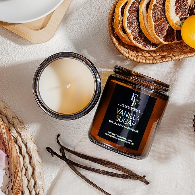 FF FRAGRFLOWING Vanilla Sugar Scented Candle for Home, Soy Wax, 7 oz | Aromatherapy Candle; Warm fragrance; 50-Hour Burn; For bedrooms, living rooms, birthdays and everyday use; Gift for Women Men