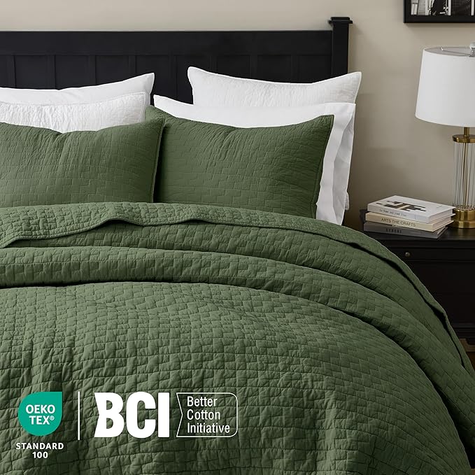 palassio Olive Green 100% Cotton Quilt King Size Bedding Sets with 2 Pillow Shams, Textured Lightweight Soft Bedspread Shabby Chic Coverlet, Quilted Comforter Bed Cover for All Season, 3 Pieces
