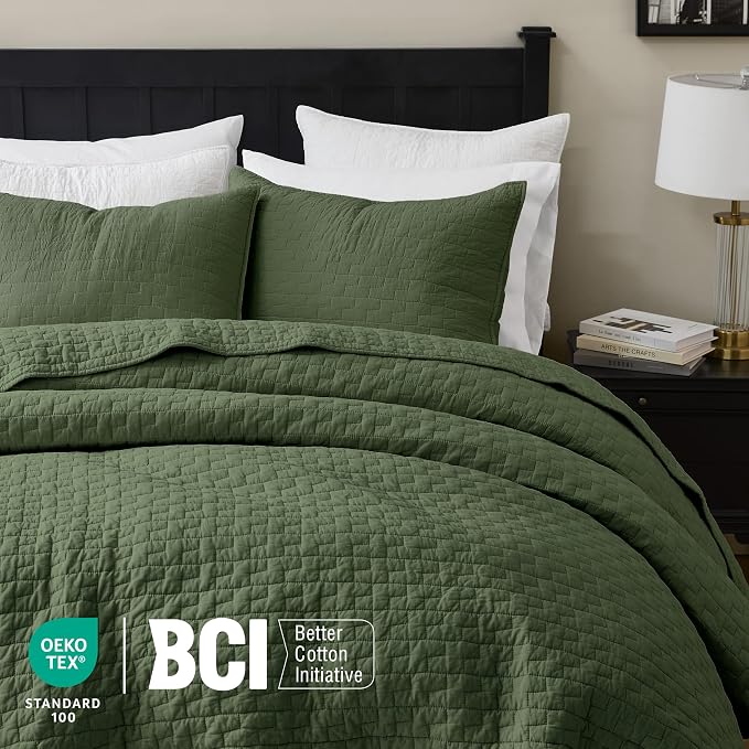 palassio Olive Green 100% Cotton Quilt Twin Size Bedding Sets with 1 Pillow Sham, Textured Lightweight Soft Bedspread Shabby Chic Coverlet, Quilted Comforter Bed Cover for All Season, 2 Pieces