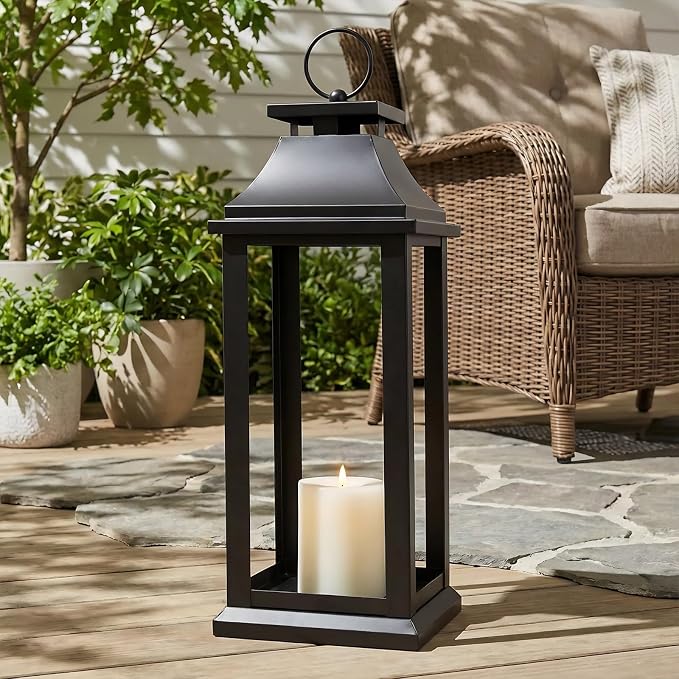 Modern Farmhouse Black Lantern Candle Holder – 22” Hanging Decorative Lantern for Indoor & Outdoor Home Décor – Ideal for Parties, Weddings, Porches, and Events (No Glass Panel), Size Large