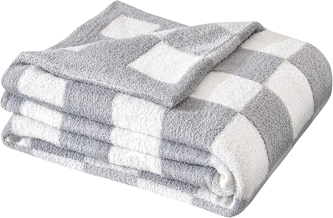 SeaRoomy Fuzzy Checkered Throw Blanket for Couch,Light Grey 60"X79" | Warm,Cozy,Fluffy,Lightweight,Gift for Women Couch Sofa Bed Room Decor