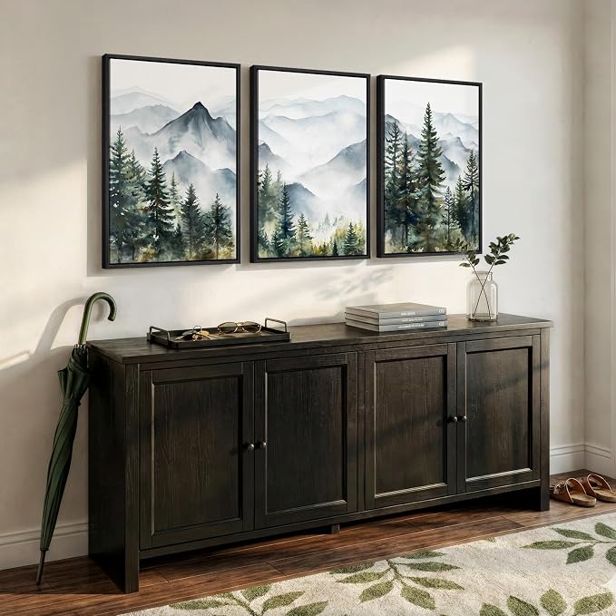Framed Landscape Wall Art Bedroom, Mountain Forest Canvas Print, 16x24 Inch | 3 piece, Modern, Minimalist, Large, Nature, Green, Foggy scenery, Living room decor, Hallway art, Ready to hang, Wood frame