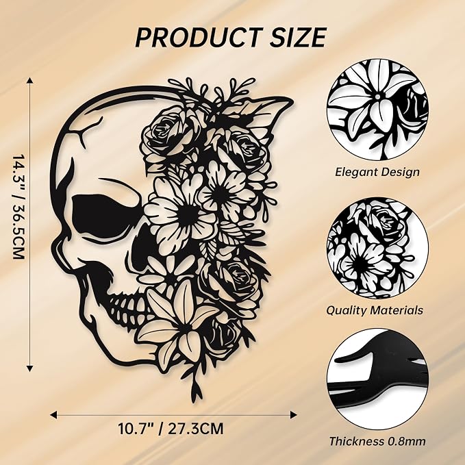 Rajukit Skull Wall Decor with Floral, Gothic | 3D metal skeleton with flowers; waterproof 14.4x10.7in; for bedroom, gothic room, patio; year-round goth/halloween; gift