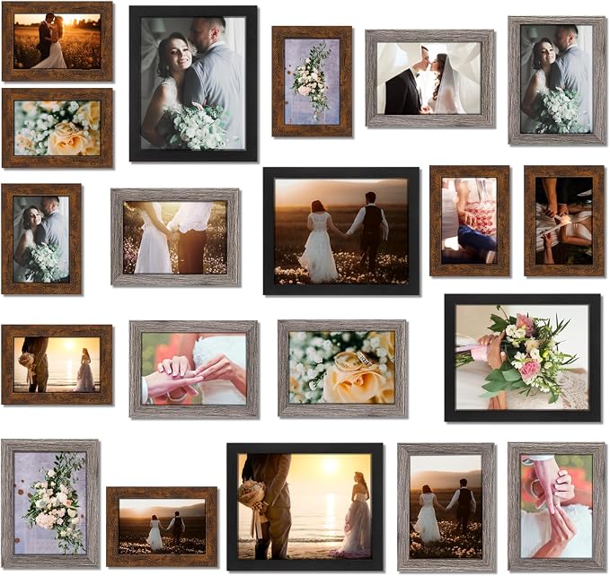 20 Pcs Gallery Wall Frames Set Rustic Picture Frames Collage Assorted Photo Wall Decor Pack for Hanging or Tabletop Display Multi Sizes with 8 x 10, 5 x 7, 4 x 6 (Stylish Color)