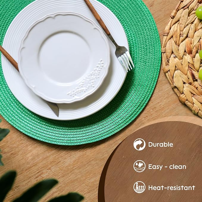 FunWheat Round Braided Placemats Set of 8 Table Mats for Dining Tables Woven Washable Non-Slip Place mats 15 inch(Holly Green, 8pcs)
