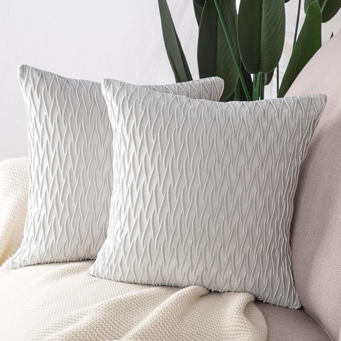 MADIZZ Set of 2 Super Soft Velvet Decorative Throw Pillow Covers 16x16 inch Greyish White Square with Texture Luxury Style Cushion Case Pillow Shell for Sofa Bedroom