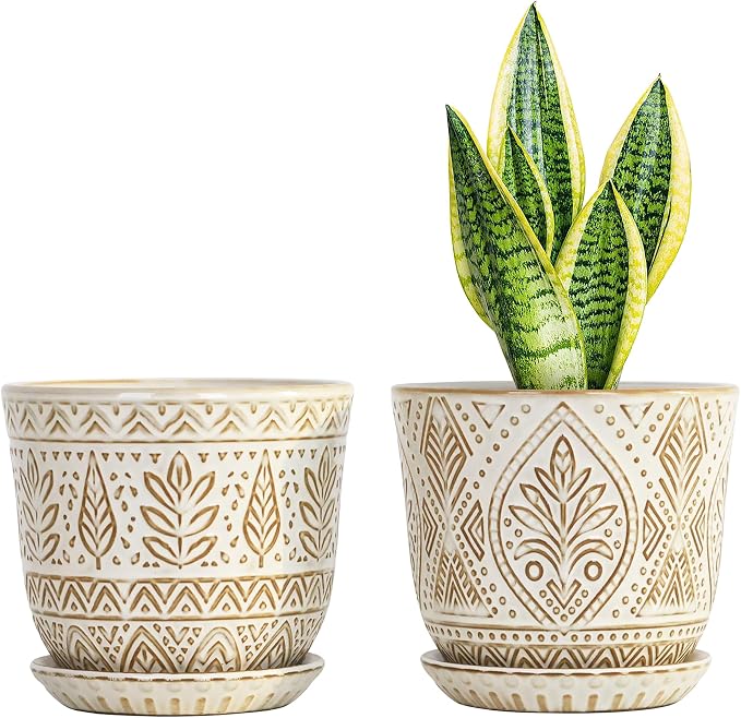 Gepege Ceramic Plant Pots, 6 Inch Indoor Planters with Drainage & Saucers | Ceramic pots for plants with drainage holes, ceramic saucers and mesh pads, ideal for flowers, herbs and succulents, set of 2
