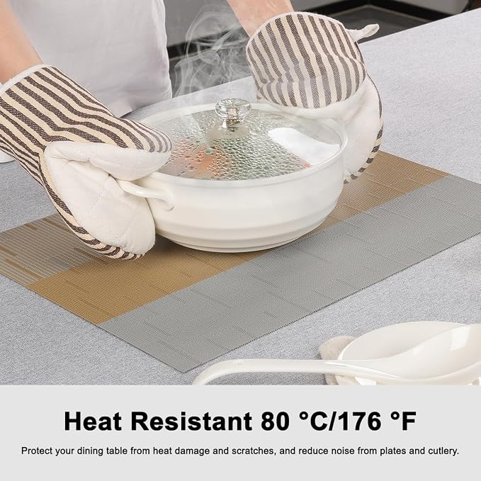 Placemats Set of 6, Vinyl Woven Heat-Resistant Place Mats | Washable Wipeable PVC Table Mats, Non Slip Placemat for Kitchen Dining Indoor Outdoor Table (Gray Light Brown, Set of 6)