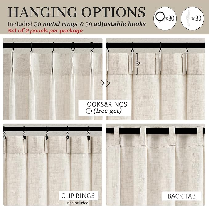 Extra Wide Semi Sheer Linen Curtains 96 Inch Long 2 Panels Set for Large Windows in Bedroom, Memory Shape Pinch Pleated Cream Privacy Kids Room Curtain for Track System 100" Wx96 L Cream Viral Drapes