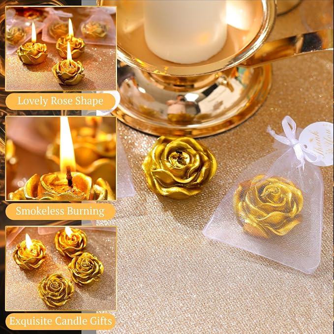 Treela 50 Set Rose Flower Candles, Gold Wedding Favors for Guests