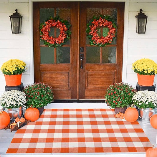 Buffalo Plaid Outdoor Rug 4x6 Ft Orange and White Checkered Area Rug Halloween Washable Fall Indoor Outdoor Rugs for Entryway,Hallway, Kitchen, Living Room, Dining Room, Bedroom