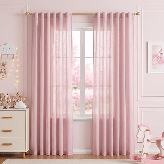 MYSKY HOME Pink Sheer Curtains for Girls Bedroom 84 Inches Long Girl Curtain Kids Nursery Window Drapes Living Room Semi Sheer Light Filtering Soft Home Decor Back Tab, 50" x 84", Light Pink, 2 Panels