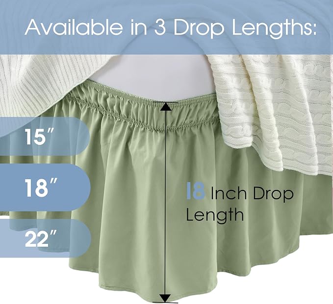 FreshCulture King Bed Skirt, Dust Ruffle for King Size Bed, Easy Fit with 18-Inch Tailored Drop, Elastic Wrap Around Bed Skirt King Size, Hotel Quality Bed Skirts for Adjustable Bed (Sage Green)