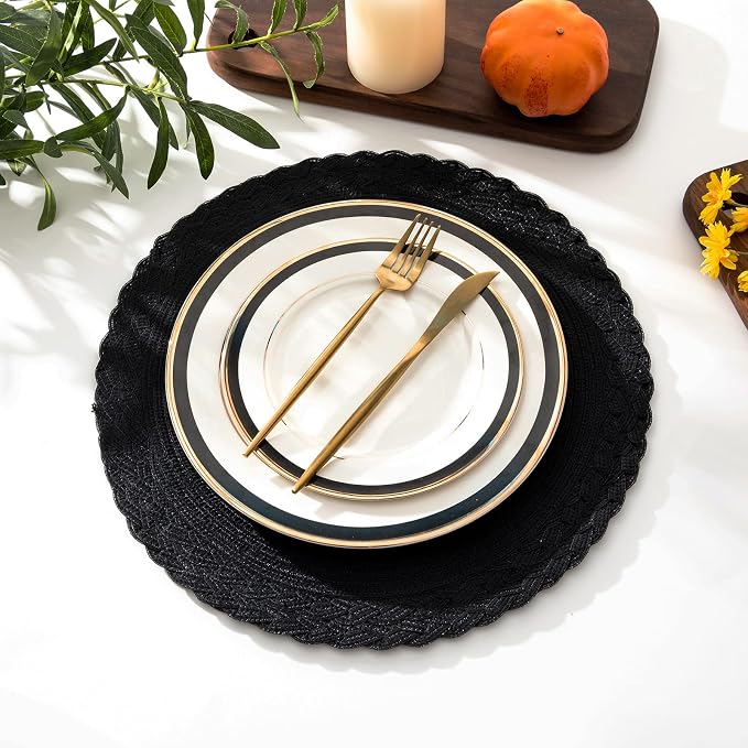 SHACOS Round Placemats Set of 4 Boho Braided Border 15 inch Circle Place Mats Washable Fabric Table Mats for Kitchen Dining Table, Black (Pack of 2)