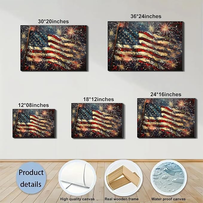 Framed 4th of July Fireworks American Flag Wall Art, Patriotic USA Canvas Art Pictures, Flag Wall Decor for Living Room Man Cave Bar, Ready to Hang Made in USA