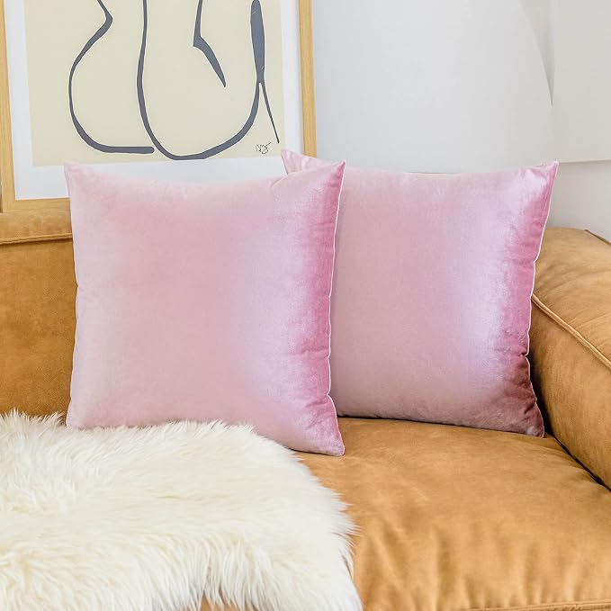 Home Brilliant Pillow Covers 18x18 Set of 2 Solid Soft Velvet Pink Decorative Pillow Covers Gift for Girls, 45cm, 18 inches, Blush Pink