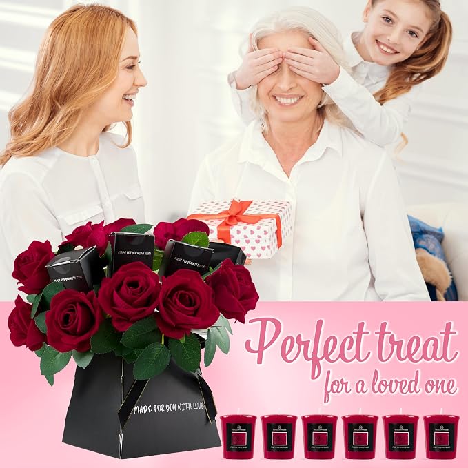 DECO EXPRESS Rose Scented Candles Gift Set for Women, 10 Artificial Flowers Bouquet & Pack of 6 Candles Set (Red Roses)