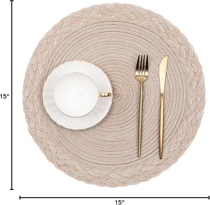 SHACOS Round Placemats Set of 4 Boho Braided Border 15 inch Circle Place Mats Washable Fabric Table Mats for Kitchen Dining Table, Beige (Pack of 2)