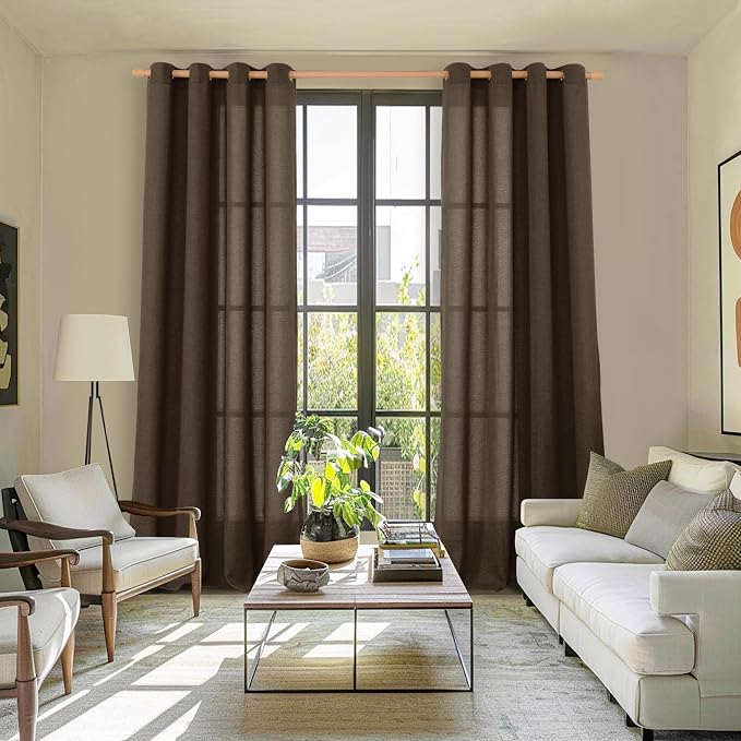 YoungsTex Brown Linen Curtains 98 Inch Length for Living Room Window, Light Filtering Drapes Rustic Semi Sheer with Bronze Grommet Privacy for Bedroom Decorative, 52 x 98 Inch, 2 Panels